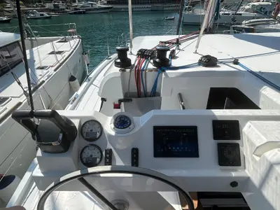 Cockpit of ProntoSail, a Aventura 37 catamaran at Fethiye, Turkey