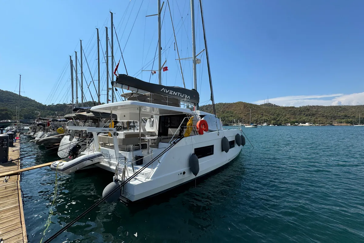 Exterior view of ProntoSail, a Aventura 37 catamaran at Fethiye, Turkey