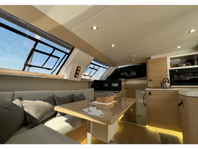 Salon of ProntoSail, a Aventura 37 catamaran at Fethiye, Turkey