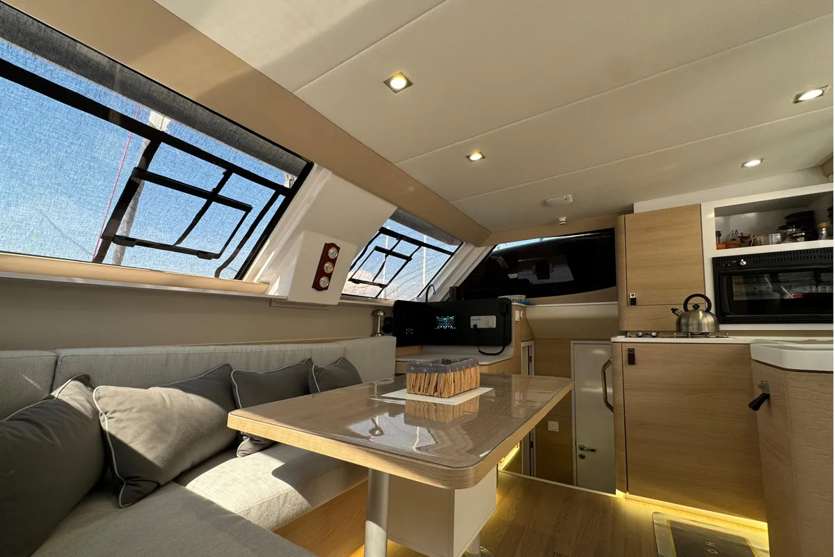 Salon of ProntoSail, a Aventura 37 catamaran at Fethiye, Turkey
