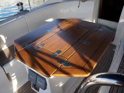 Deck of Aegle, a Bavaria 46 Cruiser sailboat at Volos, Greece
