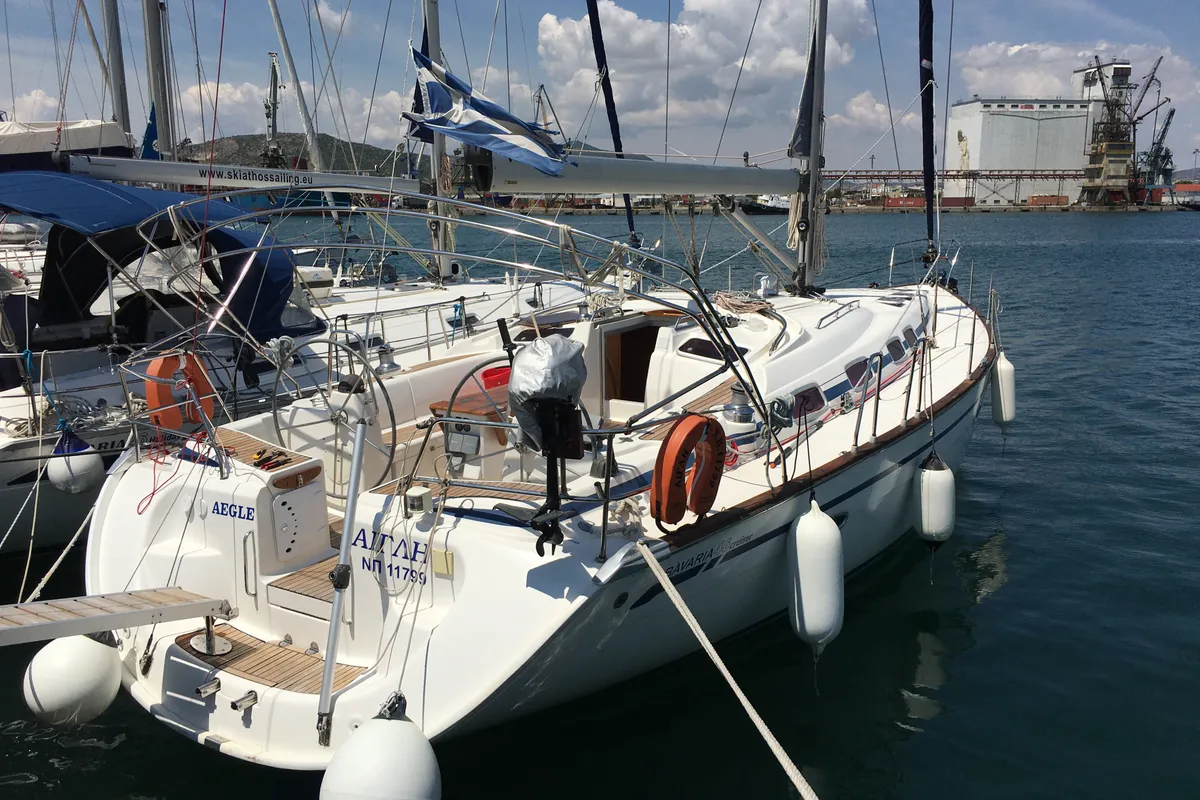 Exterior view of Aegle, a Bavaria 46 Cruiser sailboat at Volos, Greece
