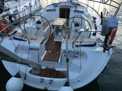 Cockpit of Aegle, a Bavaria 46 Cruiser sailboat at Volos, Greece