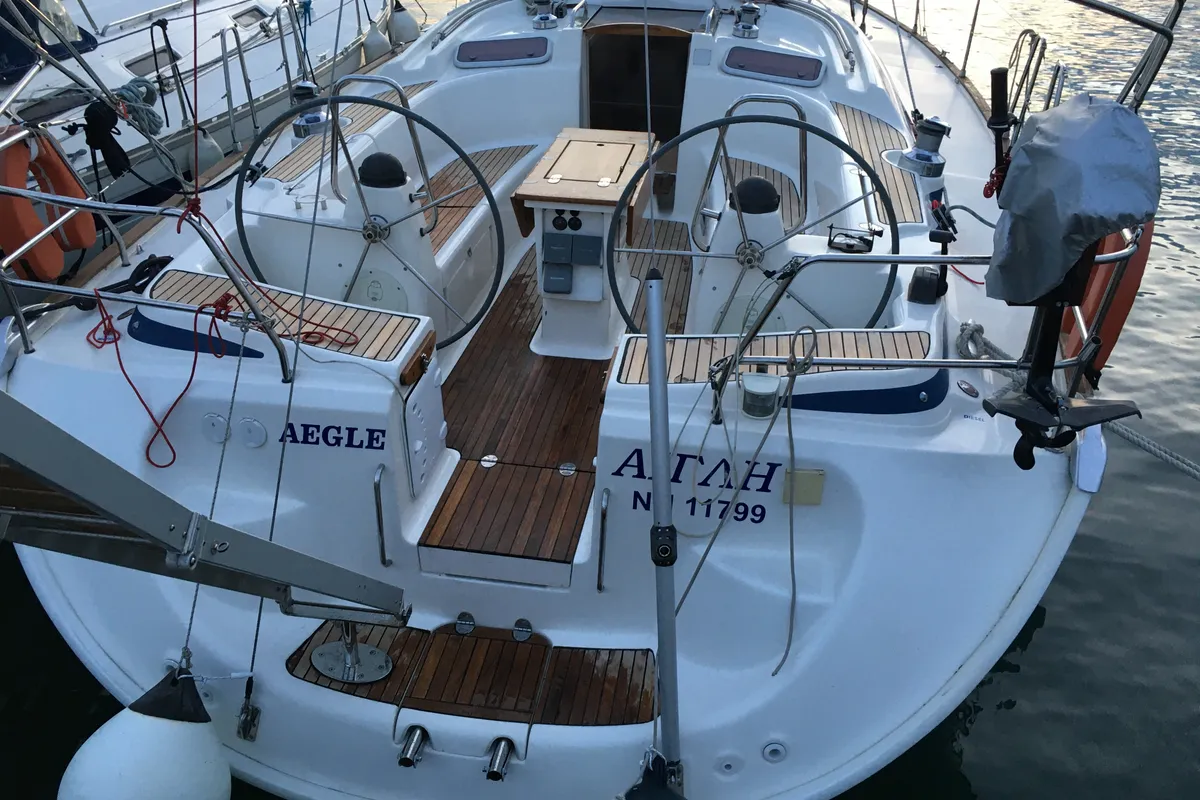 Cockpit of Aegle, a Bavaria 46 Cruiser sailboat at Volos, Greece