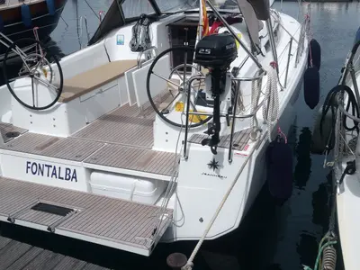 Cockpit of Fontalba, a Jeanneau Sun Odyssey 380 sailboat at Palamós, Spain