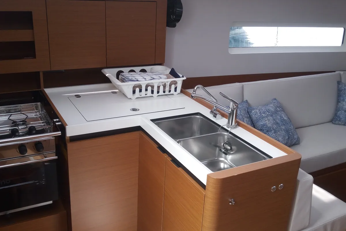 Galley of Fontalba, a Jeanneau Sun Odyssey 380 sailboat at Palamós, Spain
