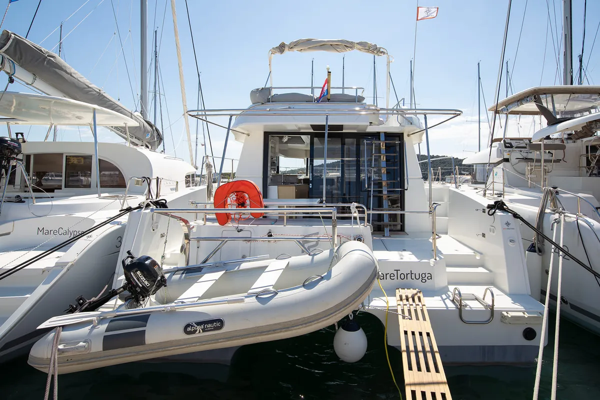 Exterior view of Mare Tortuga, a Fountaine Pajot MY 37 catamaran at Općina Medulin, Croatia