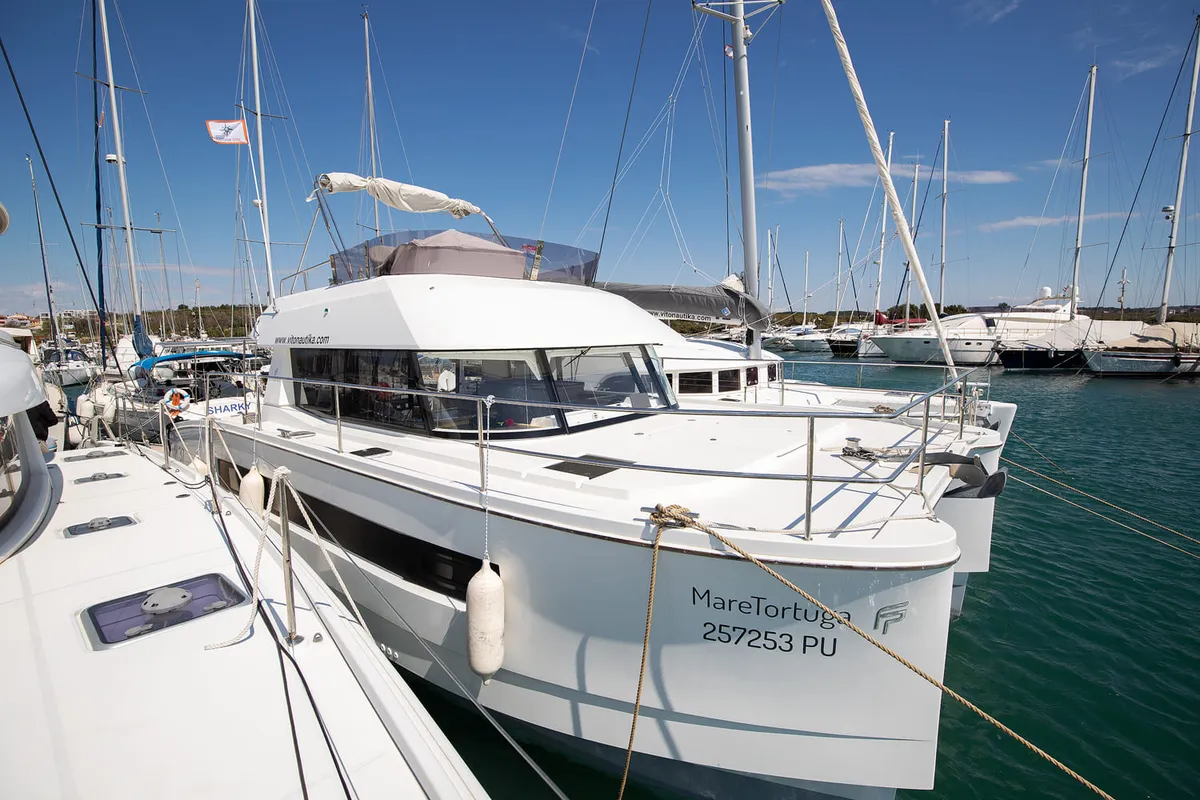 Exterior view of Mare Tortuga, a Fountaine Pajot MY 37 catamaran at Općina Medulin, Croatia