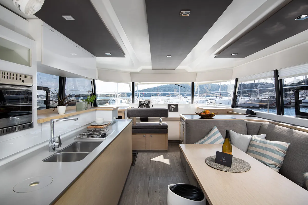 Salon of Mare Tortuga, a Fountaine Pajot MY 37 catamaran at Općina Medulin, Croatia