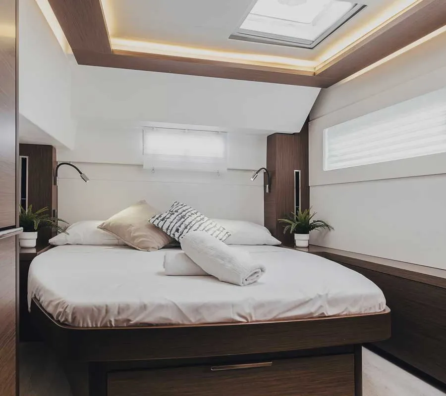 Cabin on Invalid, a Lagoon 46 catamaran at Sant Antoni de Portmany, Spain