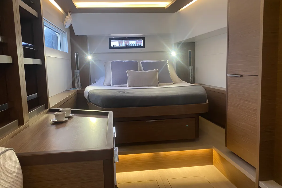 Cabin on Invalid, a Lagoon 46 catamaran at Sant Antoni de Portmany, Spain