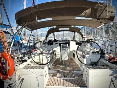 Cockpit of Foxy, a Jeanneau Sun Odyssey 419 sailboat at Fethiye, Turkey
