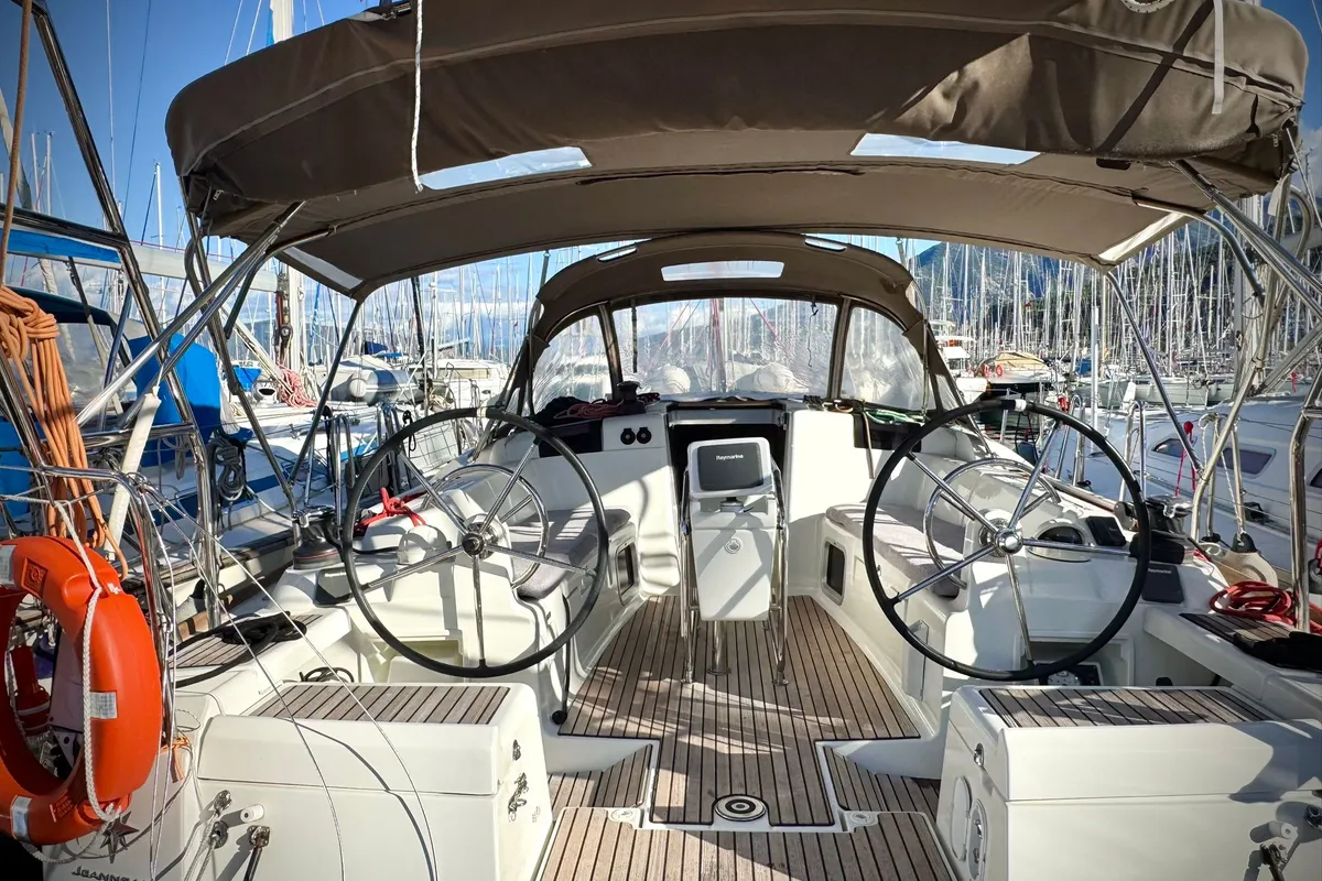 Cockpit of Foxy, a Jeanneau Sun Odyssey 419 sailboat at Fethiye, Turkey