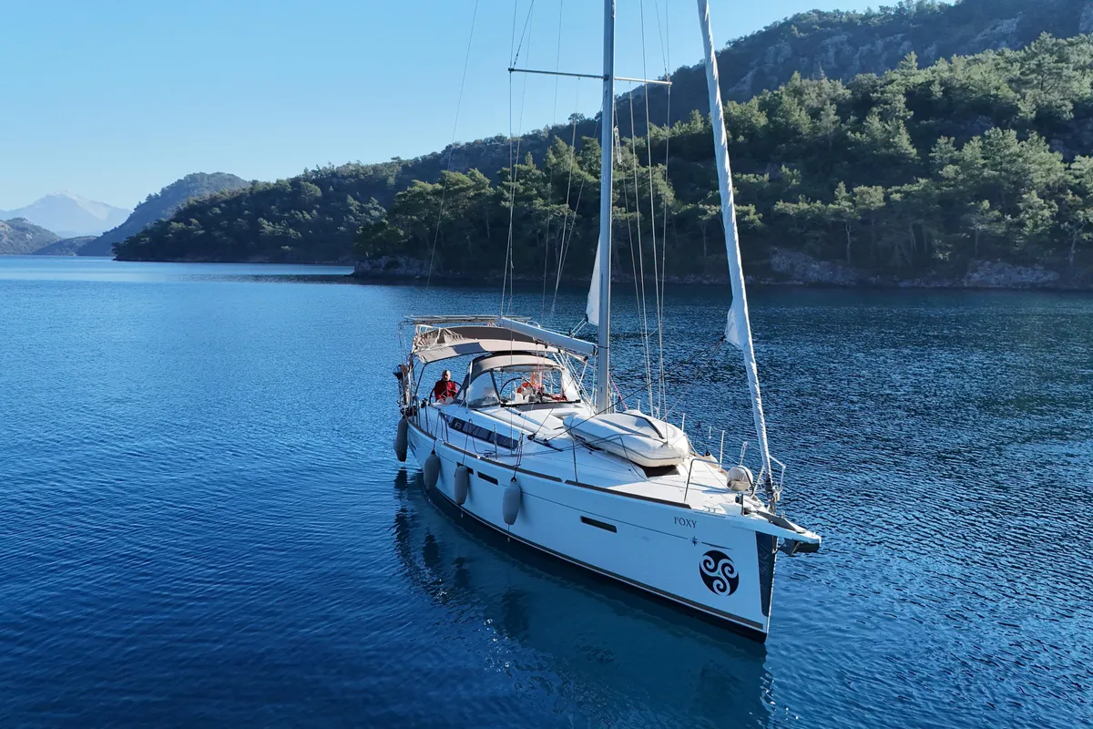 Exterior view of Foxy, a Jeanneau Sun Odyssey 419 sailboat at Fethiye, Turkey