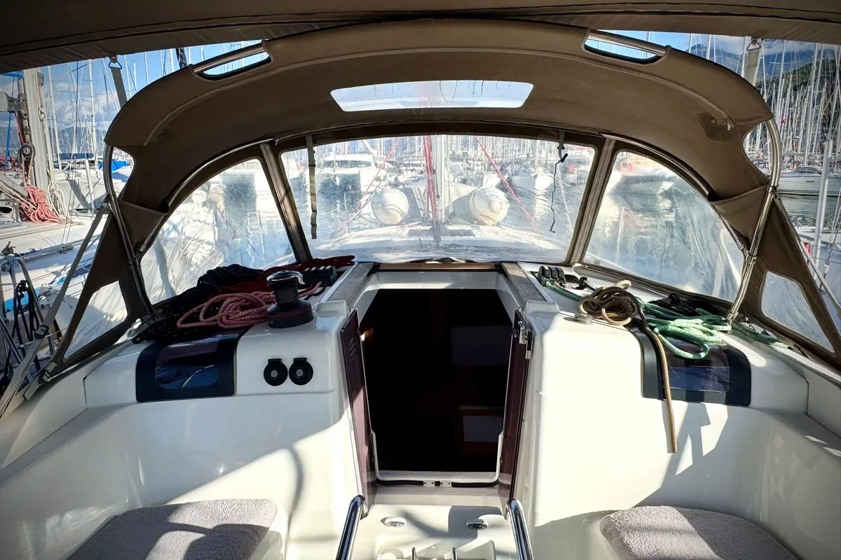 Cockpit of Foxy, a Jeanneau Sun Odyssey 419 sailboat at Fethiye, Turkey