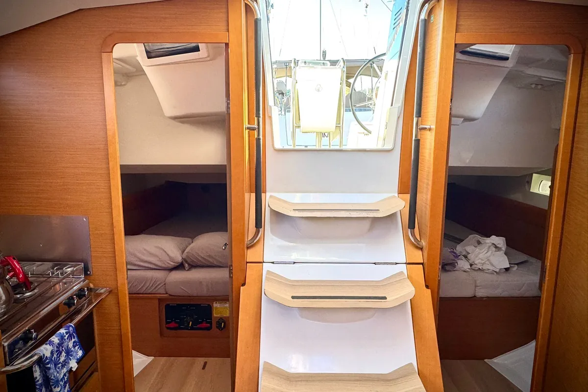 Exterior view of Foxy, a Jeanneau Sun Odyssey 419 sailboat at Fethiye, Turkey