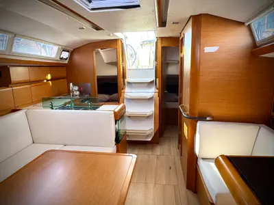 Salon of Foxy, a Jeanneau Sun Odyssey 419 sailboat at Fethiye, Turkey