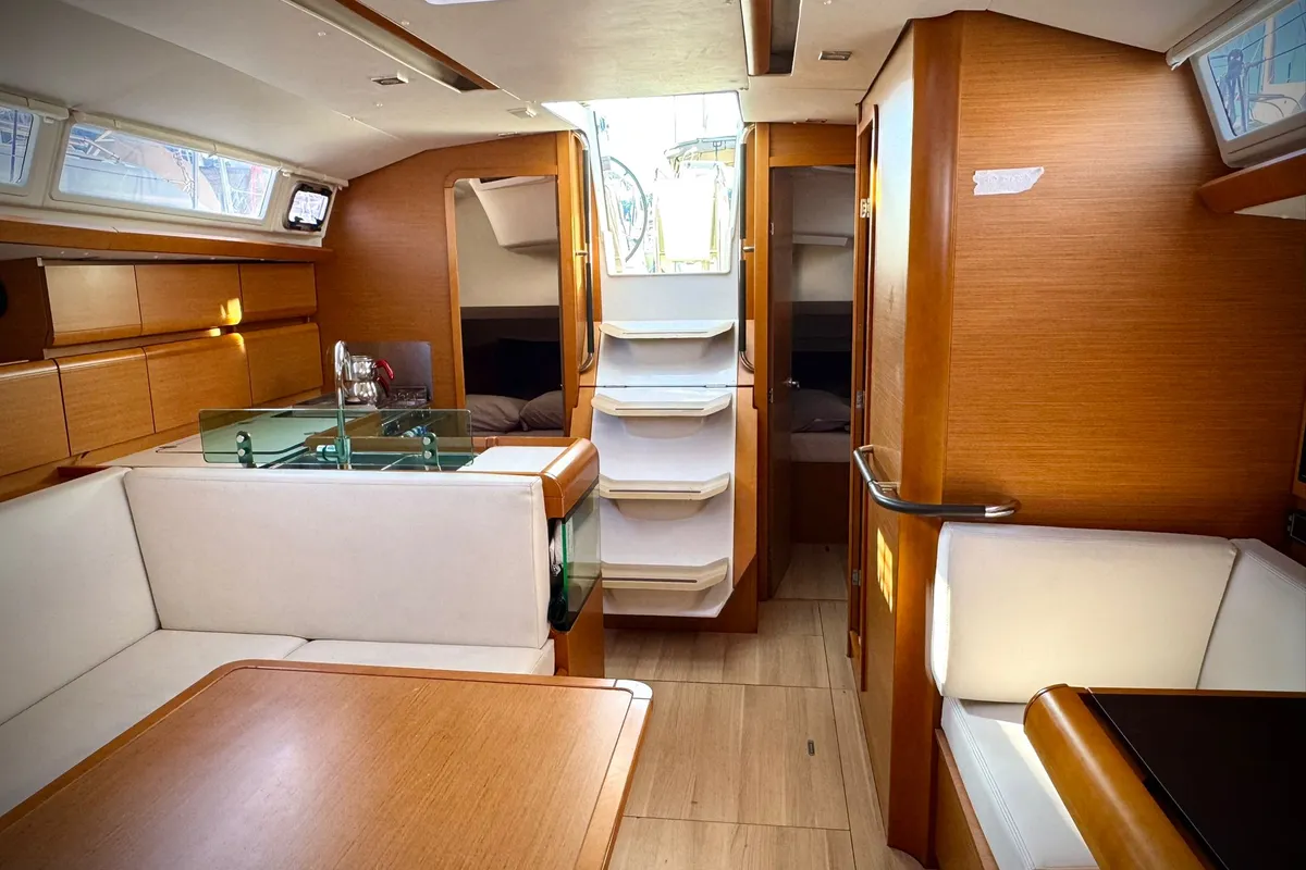 Salon of Foxy, a Jeanneau Sun Odyssey 419 sailboat at Fethiye, Turkey