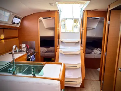 Galley of Foxy, a Jeanneau Sun Odyssey 419 sailboat at Fethiye, Turkey