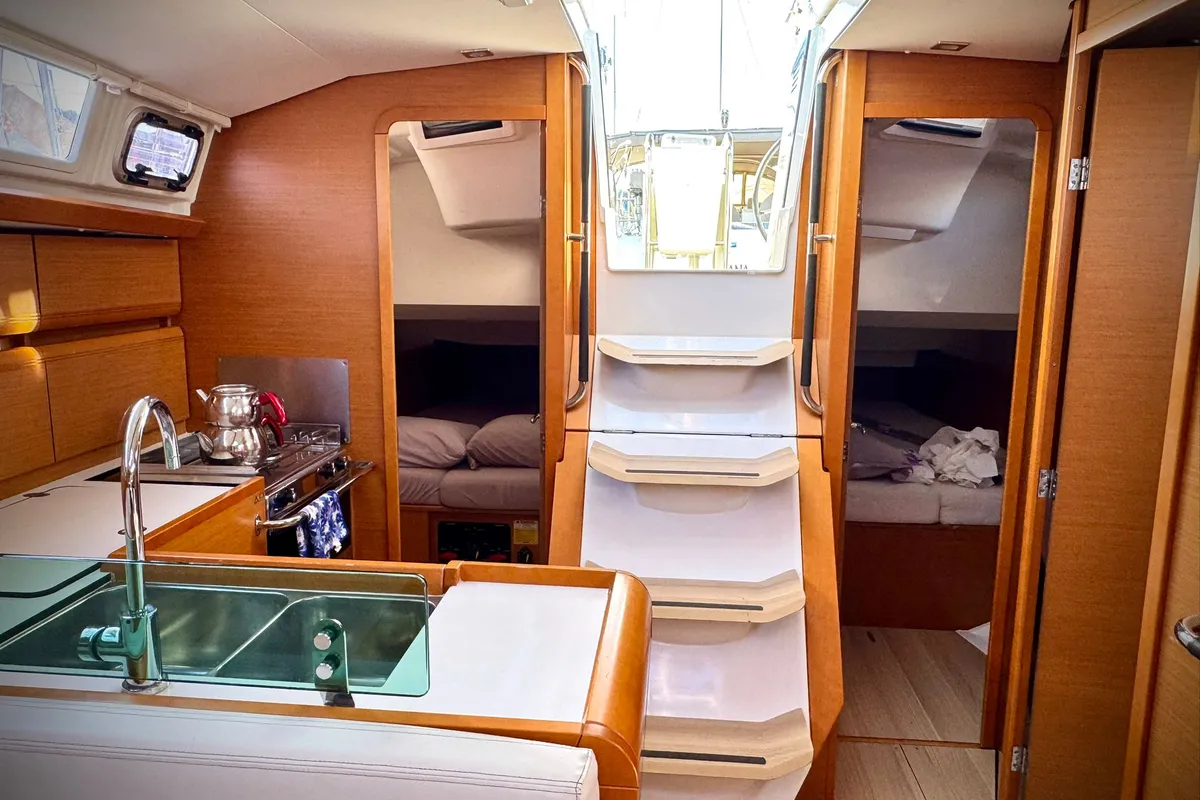 Galley of Foxy, a Jeanneau Sun Odyssey 419 sailboat at Fethiye, Turkey