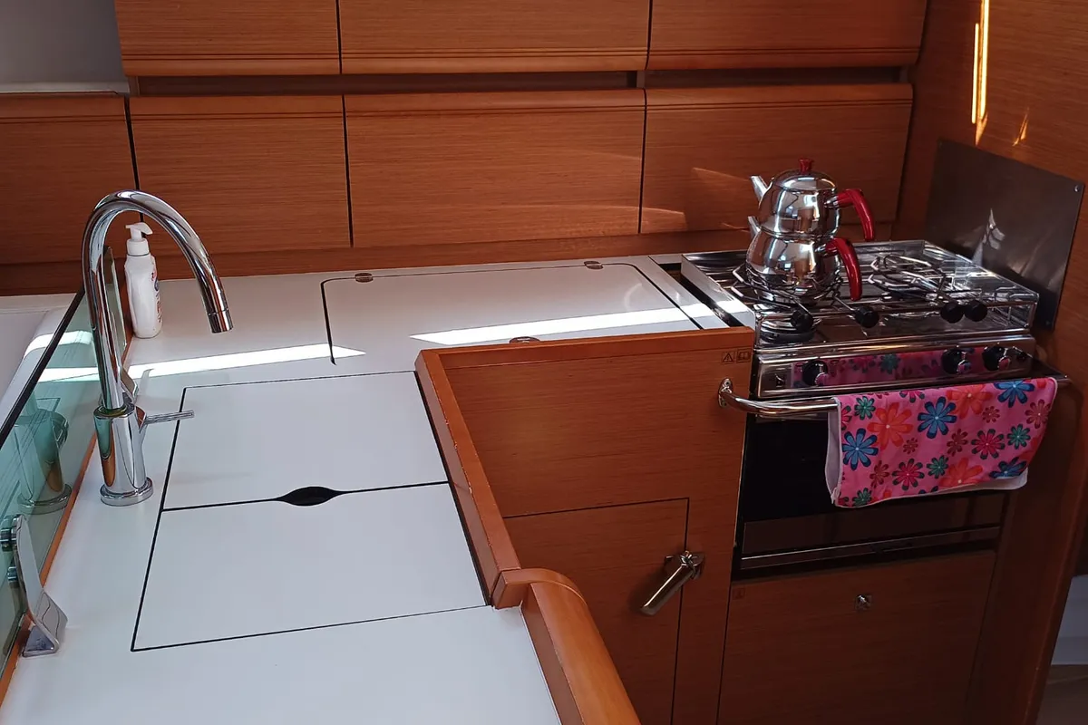 Salon of Foxy, a Jeanneau Sun Odyssey 419 sailboat at Fethiye, Turkey