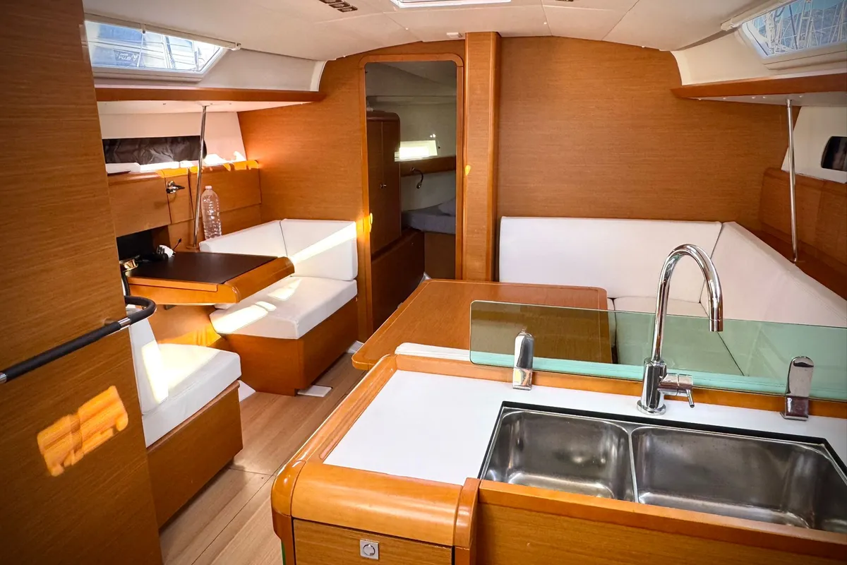 Salon of Foxy, a Jeanneau Sun Odyssey 419 sailboat at Fethiye, Turkey