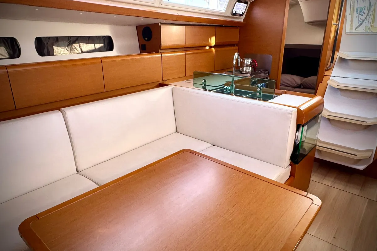 Salon of Foxy, a Jeanneau Sun Odyssey 419 sailboat at Fethiye, Turkey