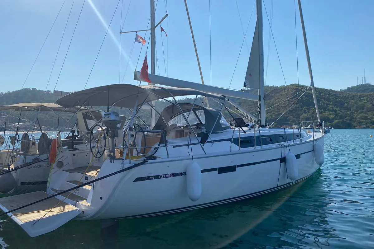 Exterior view of Hera, a Bavaria Cruiser 46 sailboat at Fethiye, Turkey