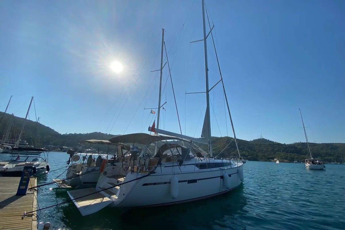 Exterior view of Hera, a Bavaria Cruiser 46 sailboat at Fethiye, Turkey