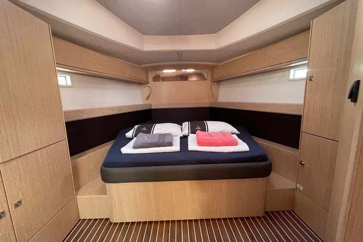 Cabin on Hera, a Bavaria Cruiser 46 sailboat at Fethiye, Turkey