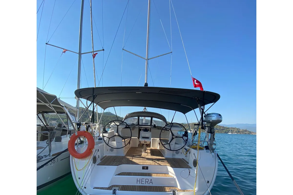 Exterior view of Hera, a Bavaria Cruiser 46 sailboat at Fethiye, Turkey