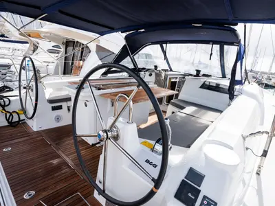 Cockpit of Clio, a Beneteau Oceanis 40.1 sailboat at Rosignano Solvay, Italy