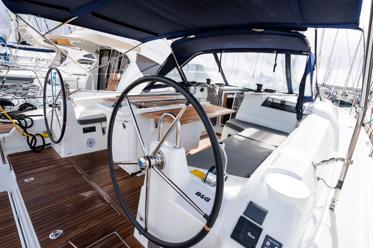 Cockpit of Clio, a Beneteau Oceanis 40.1 sailboat at Rosignano Solvay, Italy