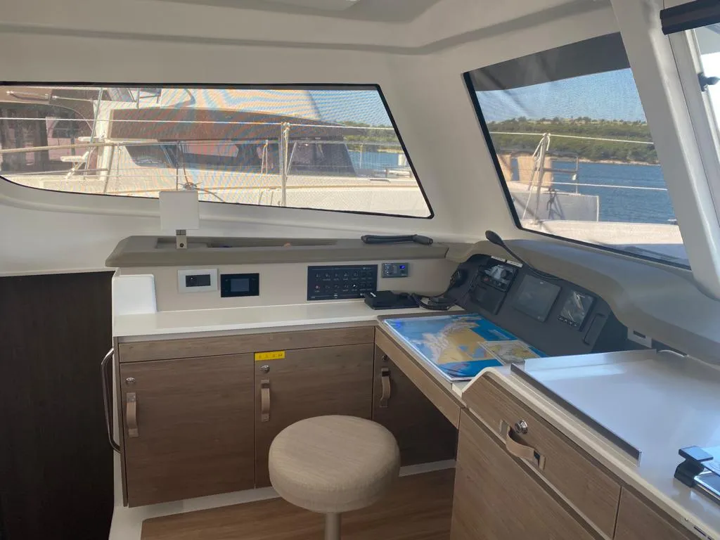 Cockpit of Free Flow, a Bali Catspace catamaran at Grad Šibenik, Croatia