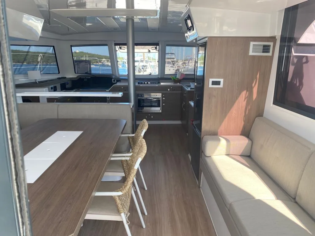 Salon of Free Flow, a Bali Catspace catamaran at Grad Šibenik, Croatia