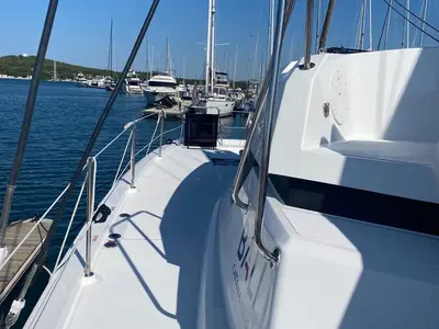 Deck of Free Flow, a Bali Catspace catamaran at Grad Šibenik, Croatia