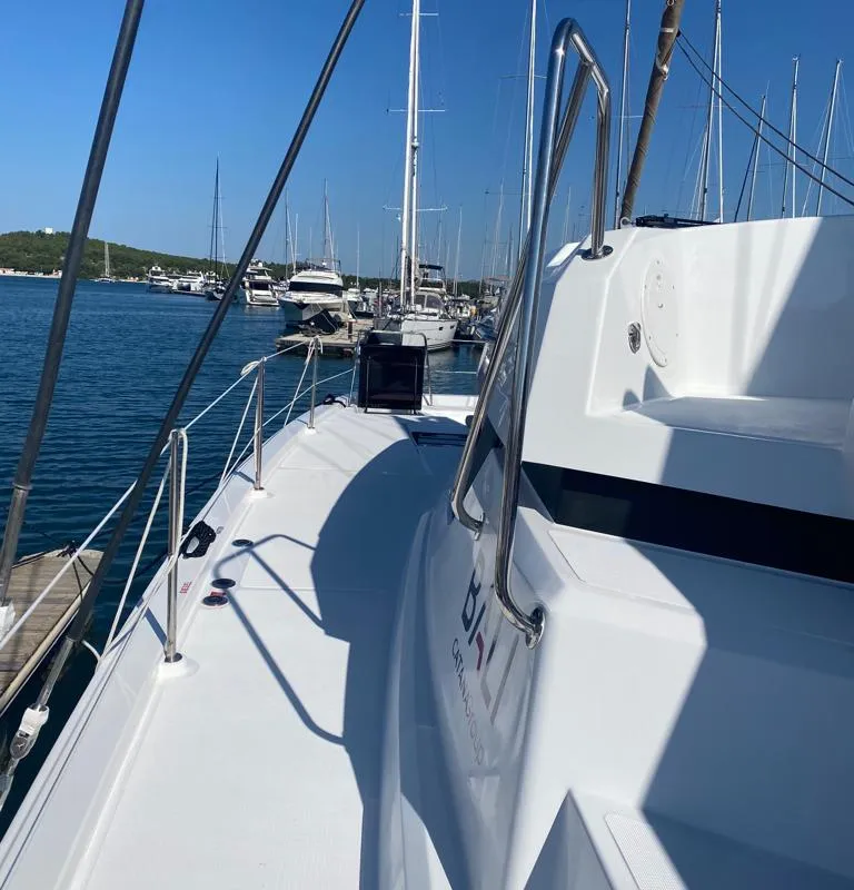 Deck of Free Flow, a Bali Catspace catamaran at Grad Šibenik, Croatia