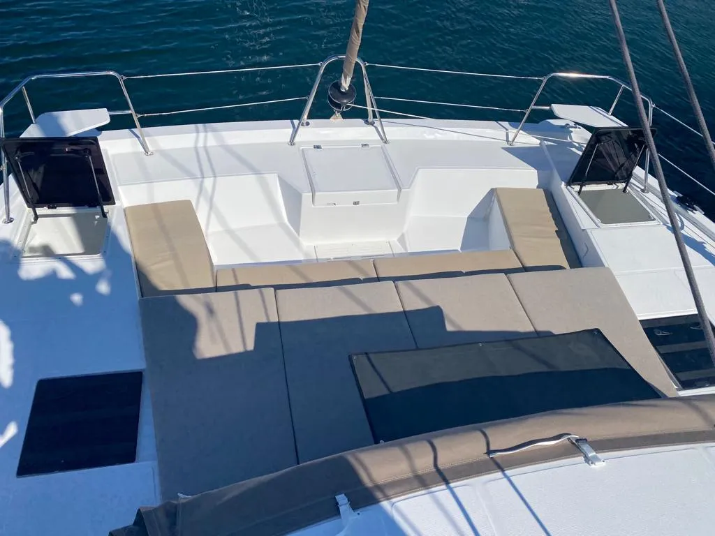 Deck of Free Flow, a Bali Catspace catamaran at Grad Šibenik, Croatia