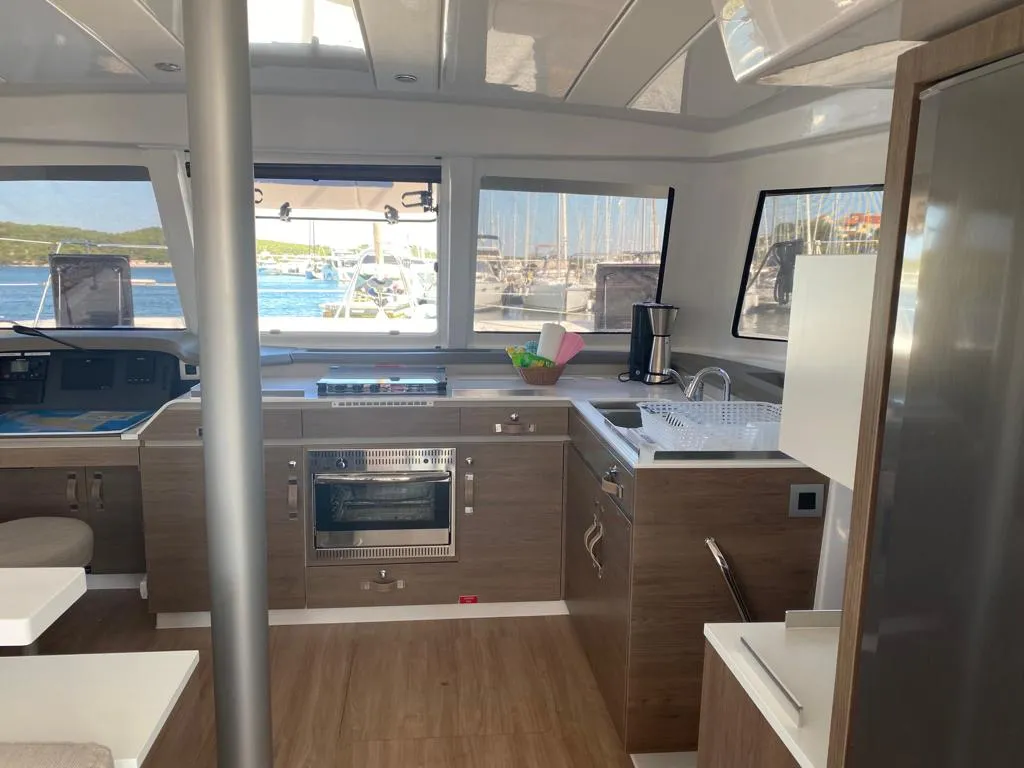 Galley of Free Flow, a Bali Catspace catamaran at Grad Šibenik, Croatia