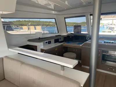 Cockpit of Free Flow, a Bali Catspace catamaran at Grad Šibenik, Croatia