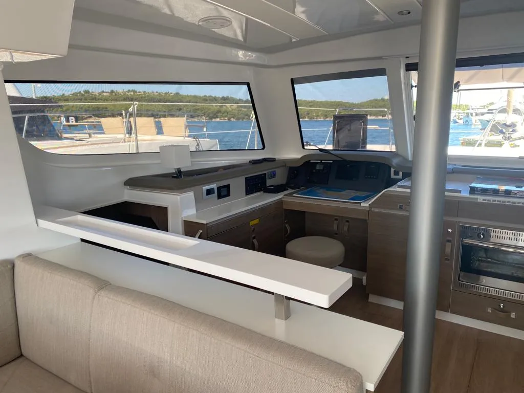 Cockpit of Free Flow, a Bali Catspace catamaran at Grad Šibenik, Croatia