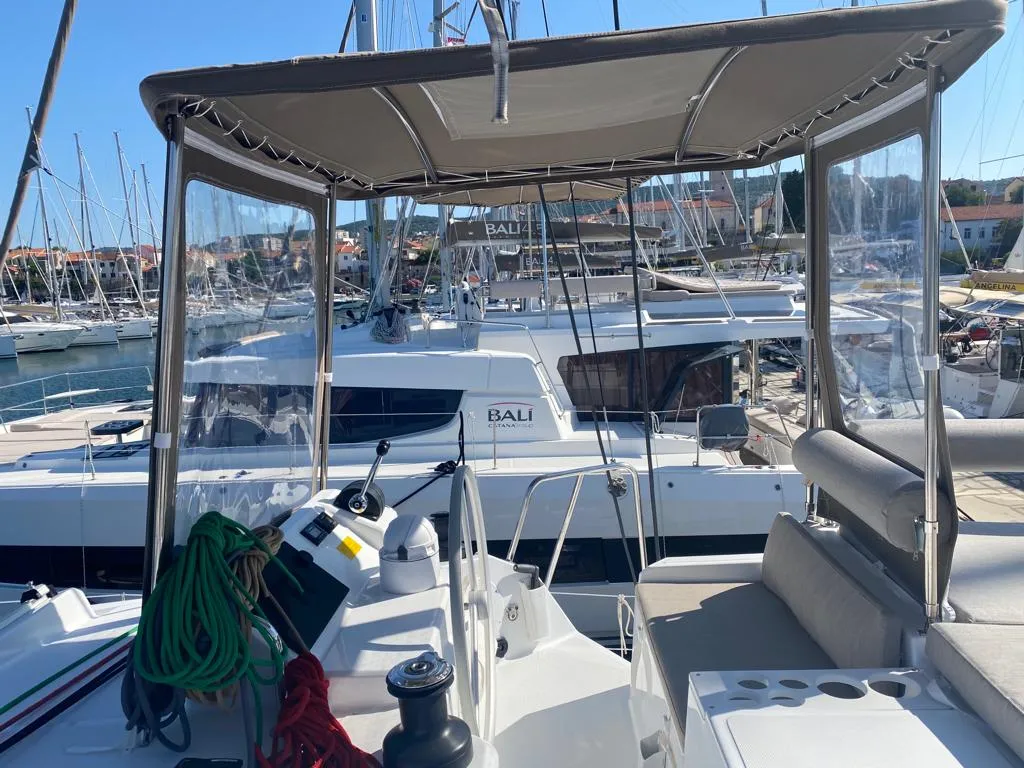 Cockpit of Free Flow, a Bali Catspace catamaran at Grad Šibenik, Croatia