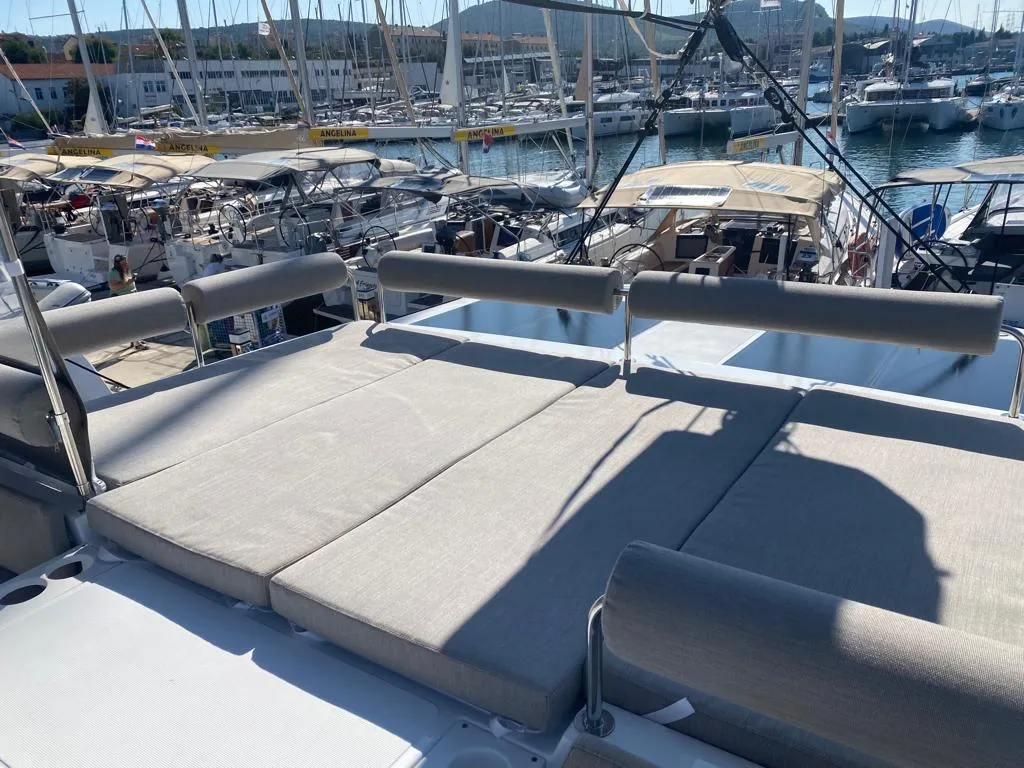 Deck of Free Flow, a Bali Catspace catamaran at Grad Šibenik, Croatia