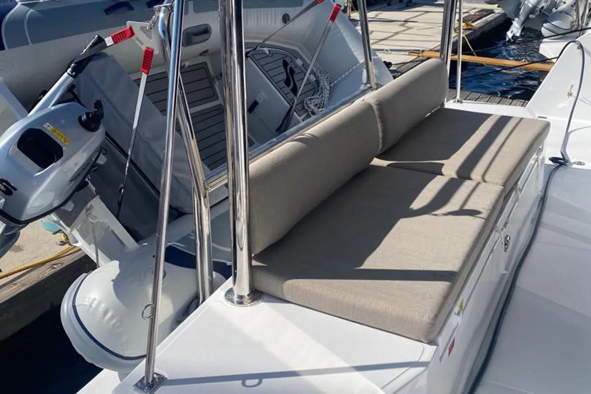 Deck of Free Flow, a Bali Catspace catamaran at Grad Šibenik, Croatia