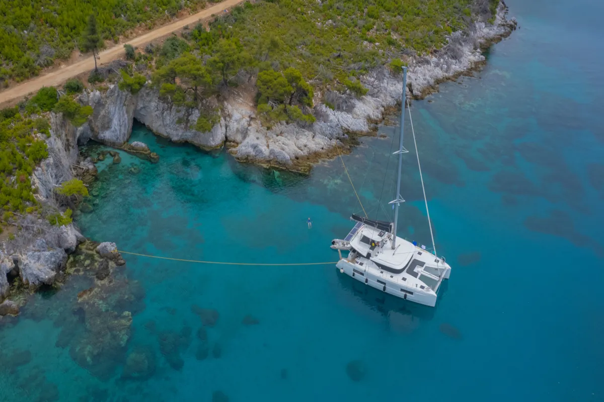 Exterior view of Espabila, a Lagoon 46 catamaran at Skiathos, Greece