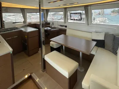 Salon of Espabila, a Lagoon 46 catamaran at Skiathos, Greece