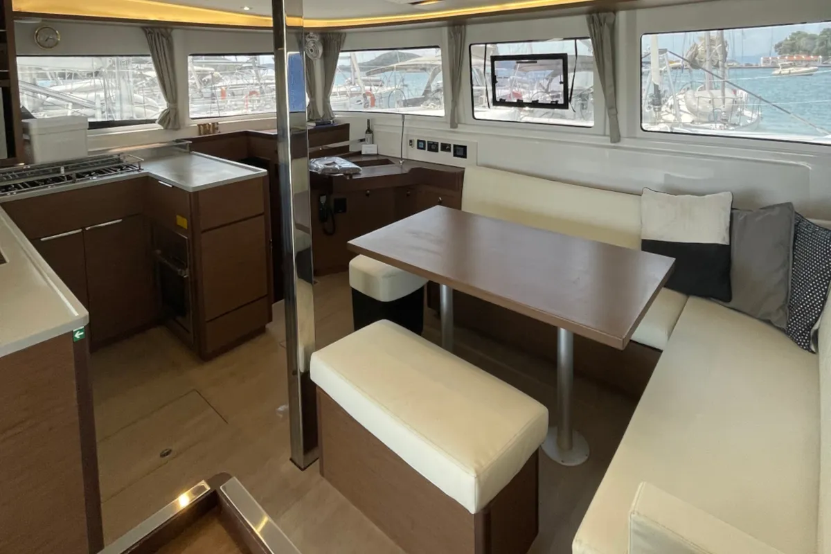 Salon of Espabila, a Lagoon 46 catamaran at Skiathos, Greece