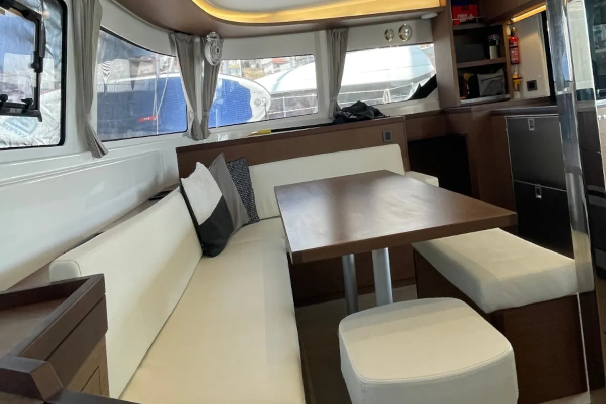 Salon of Espabila, a Lagoon 46 catamaran at Skiathos, Greece