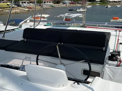 Cockpit of Espabila, a Lagoon 46 catamaran at Skiathos, Greece