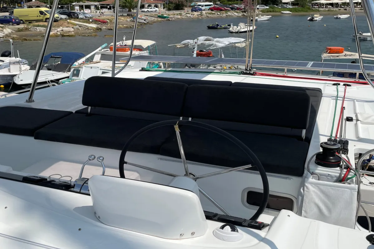 Cockpit of Espabila, a Lagoon 46 catamaran at Skiathos, Greece